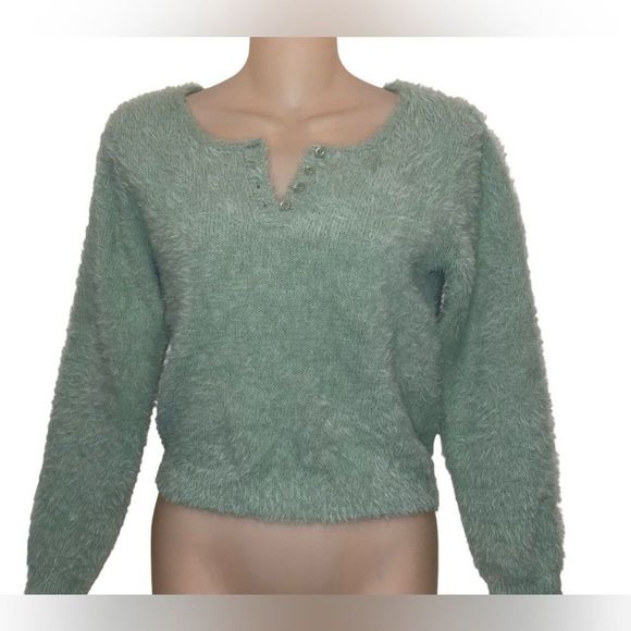 Sweet & Sinful Cropped Fuzzy Mint Green Sweater 3/4 Sleeve Size Small - Picture 4 of 9